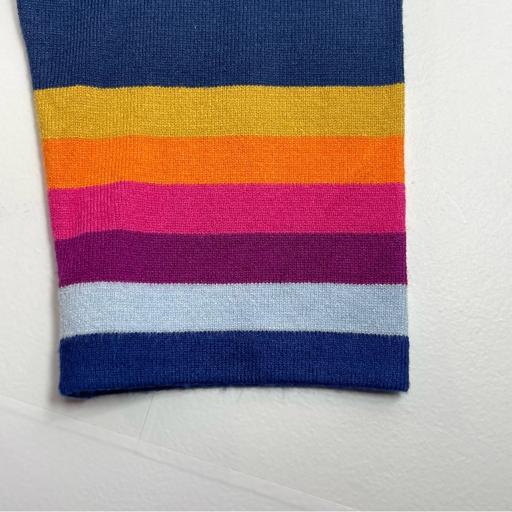 THML Women's Blue Sweater Fringe Neck & Hem Rainbow Stripe Cuff Size Medium - Picture 3 of 8